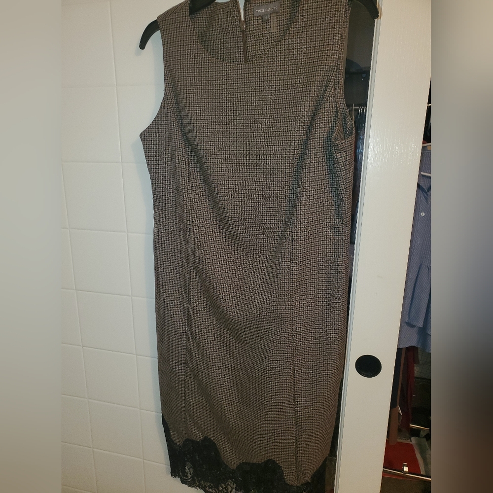 J CREW Brown Houndstooth SHEATH DRESS with Gorgeous Black Lace Detail On Bottom